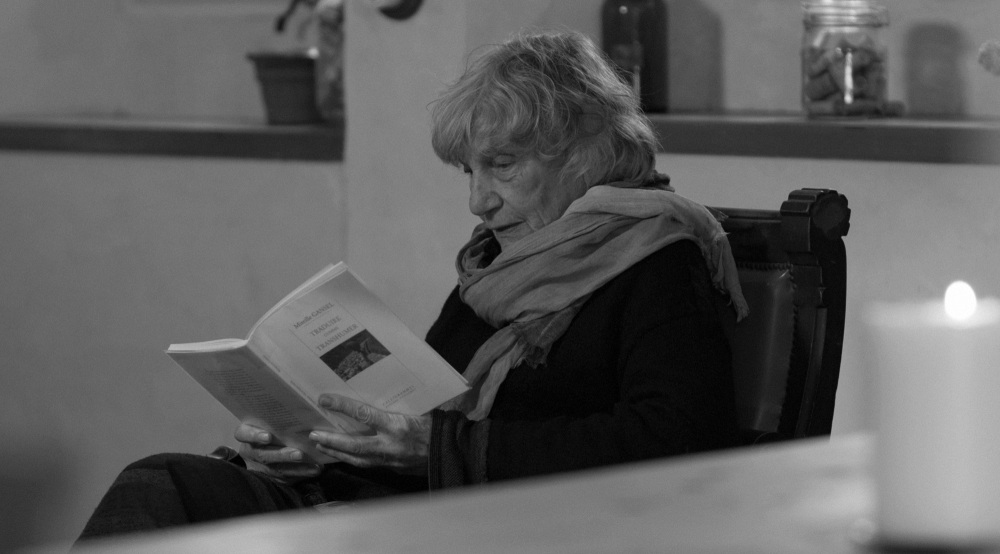 Dona llegint un llibre asseguda a una cadira